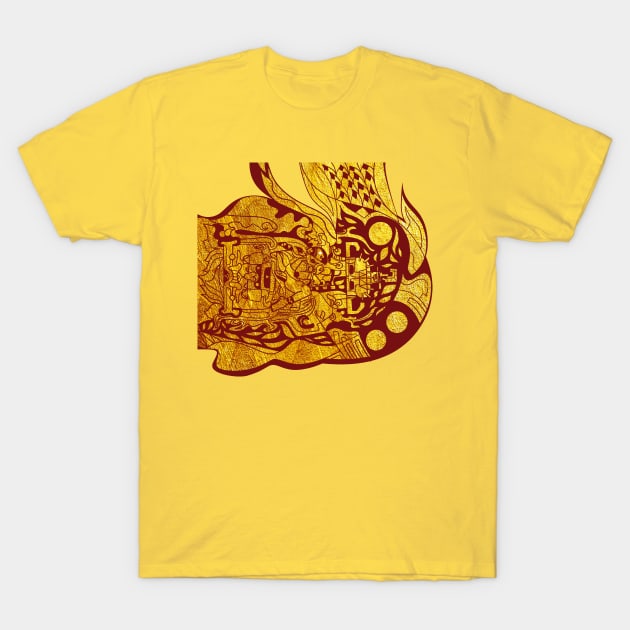 golden mayan astronaut in flame ecopop ship T-Shirt by jorge_lebeau